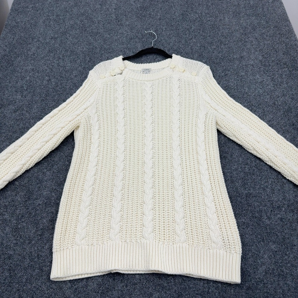 LL Bean Sweater Womens XL Cream Cotton Cable Knit Button Shoulder Classic Style